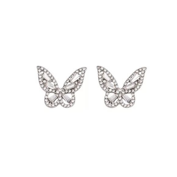 Silver Butterfly Stud Earings Rhinestone Crystal - Picture 2 of 6